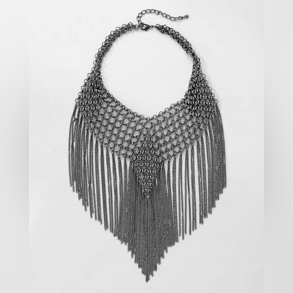 New Maximalist Chainmail Style Fringe Bib Statement Necklace - Picture 12 of 16